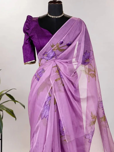 Surprising Lavender Organza Floral Printed Saree With Blouse